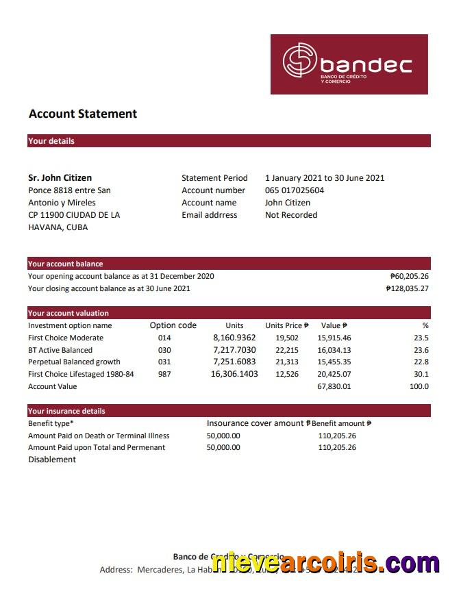 Cuba Bandec Banco de Credito y Comercio bank statement easy to fill in .xls and .pdf file format